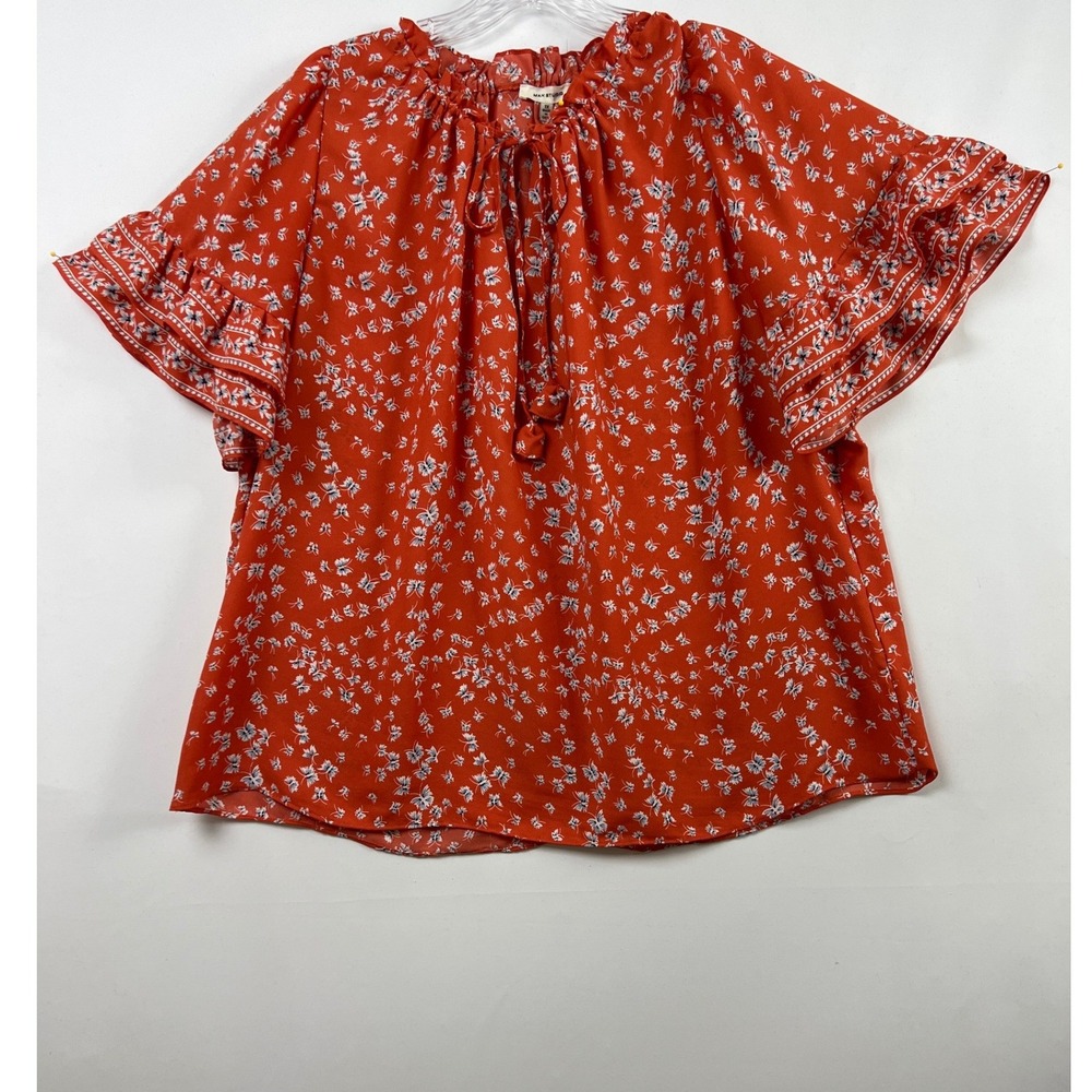 Max Studio Blouse Womens 1X Orange Butterfly Floral Ruffle Tie Neck 1W01D30
